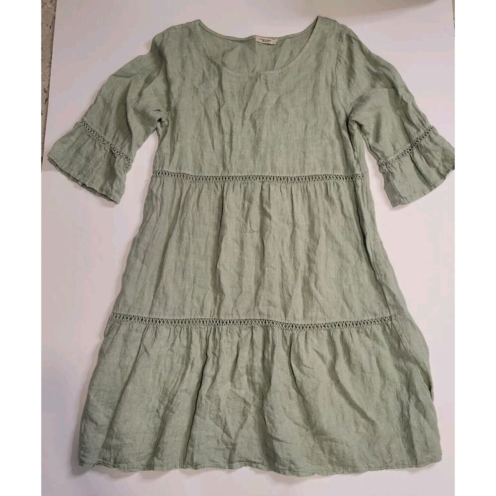 Lungo L'arno 100% linen tiered midi dress L Italy lagenlook coastal cottagecore